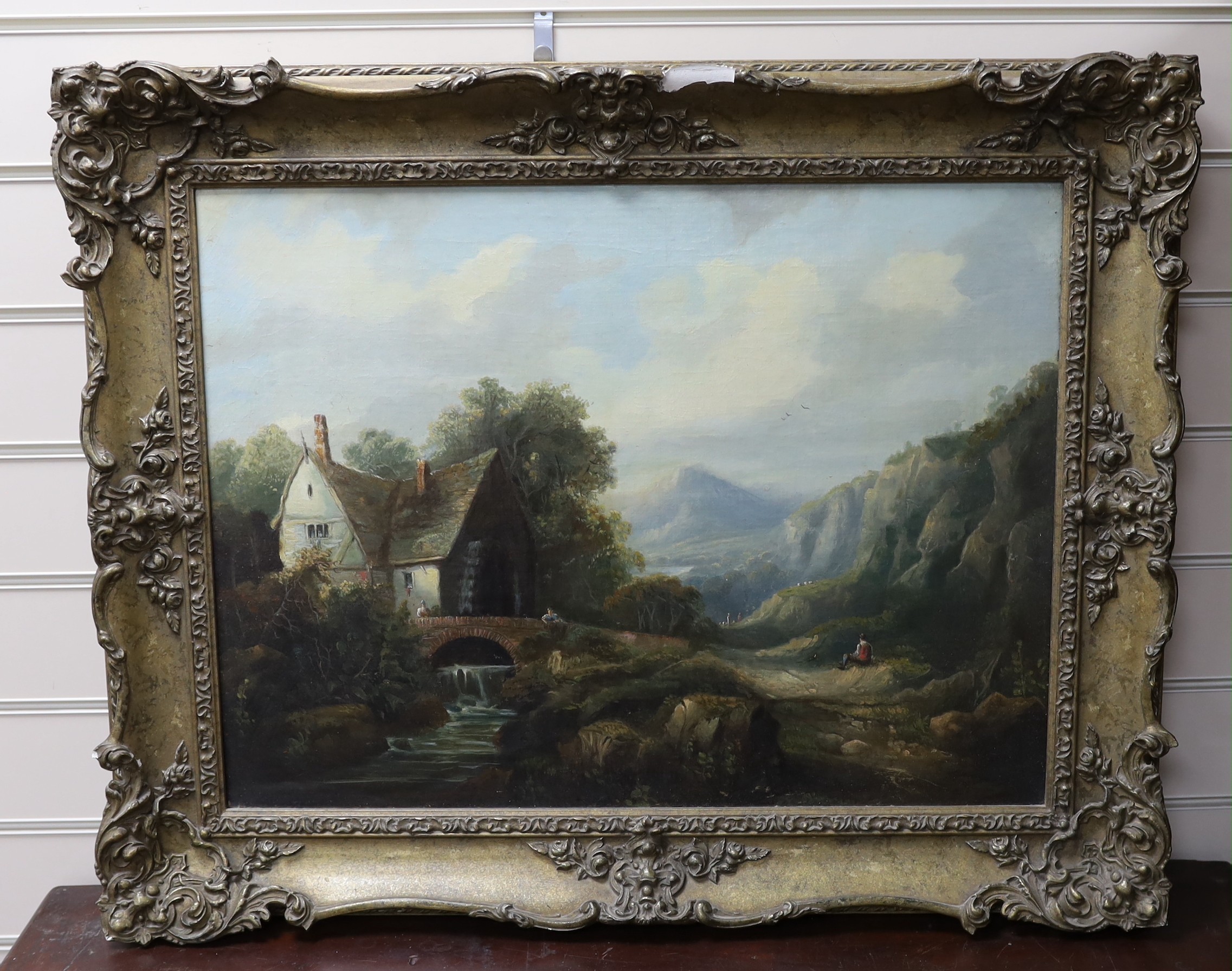 19th century English School, oil on canvas, Figures in a Welsh landscape, 45 x 60cm
